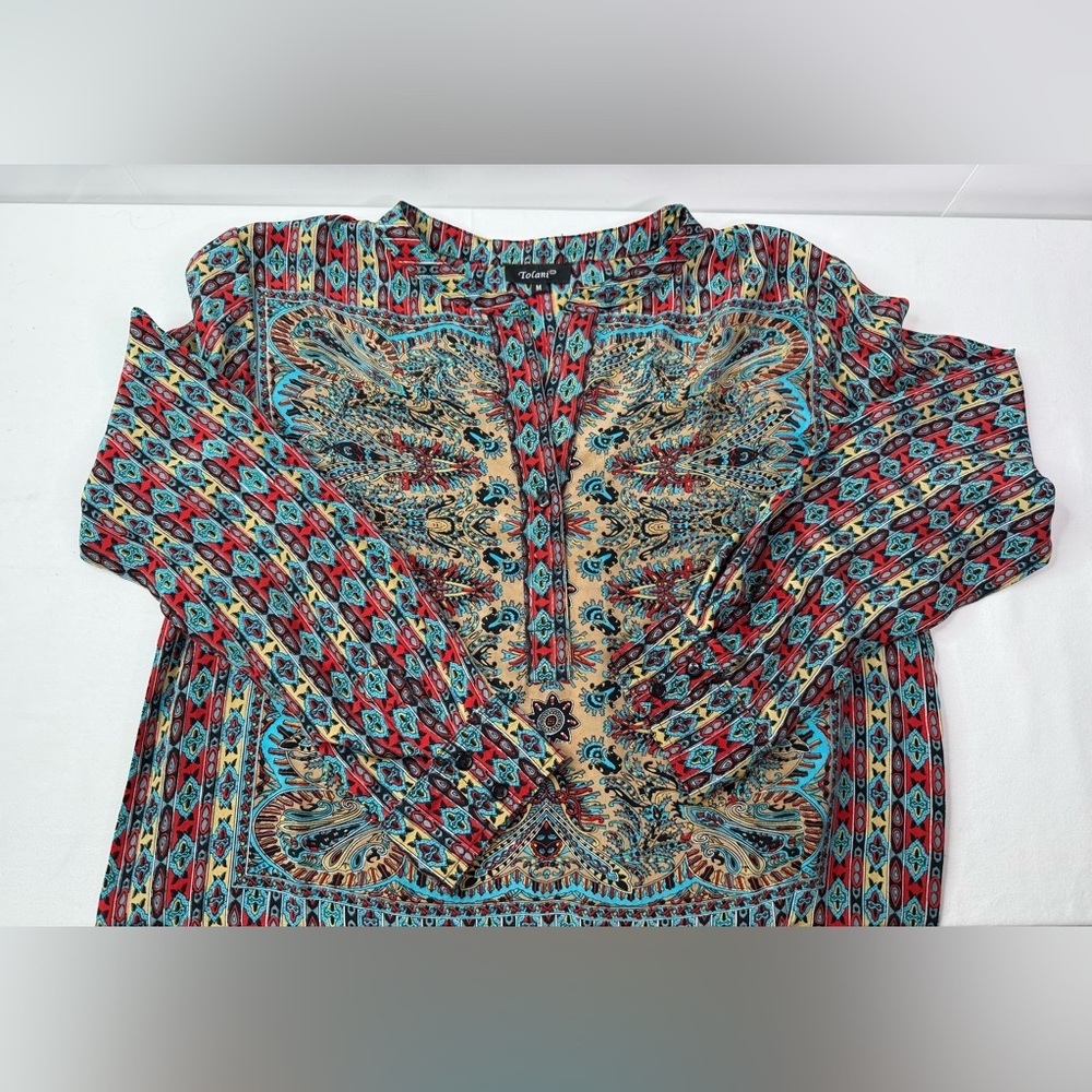 Tolani Lorraine Silk Long Sleeve Blue and Red Patterned Midi Dress Size Medium - Picture 7 of 9